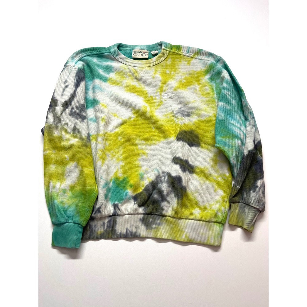 Vintage 90s Reebok Golf Tie Dye Sweatshirt Medium Waffle Knit Y2K Green Teal